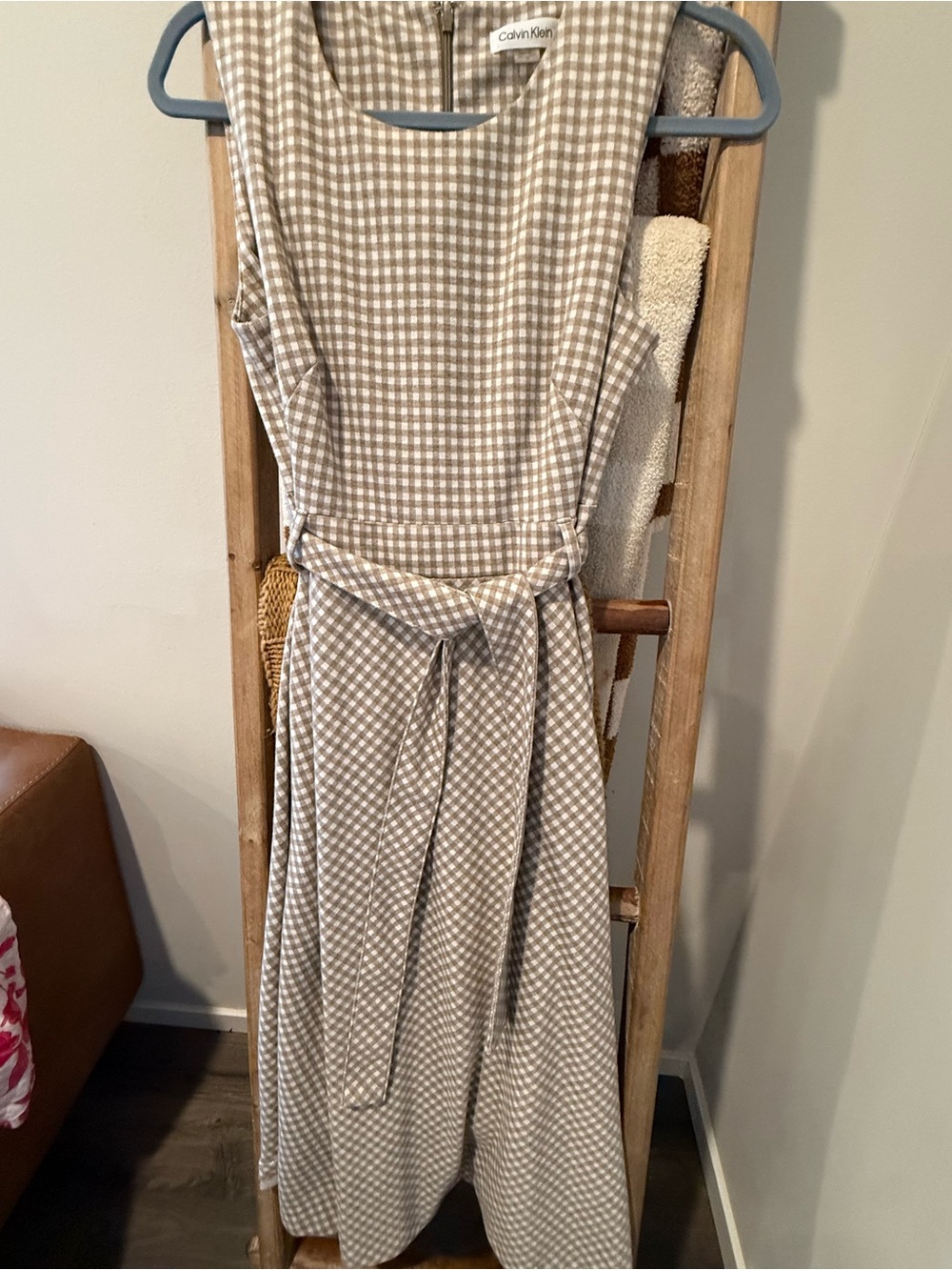 Calvin Klein Beige and White Gingham Sleeveless Midi Dress with Tie Waist